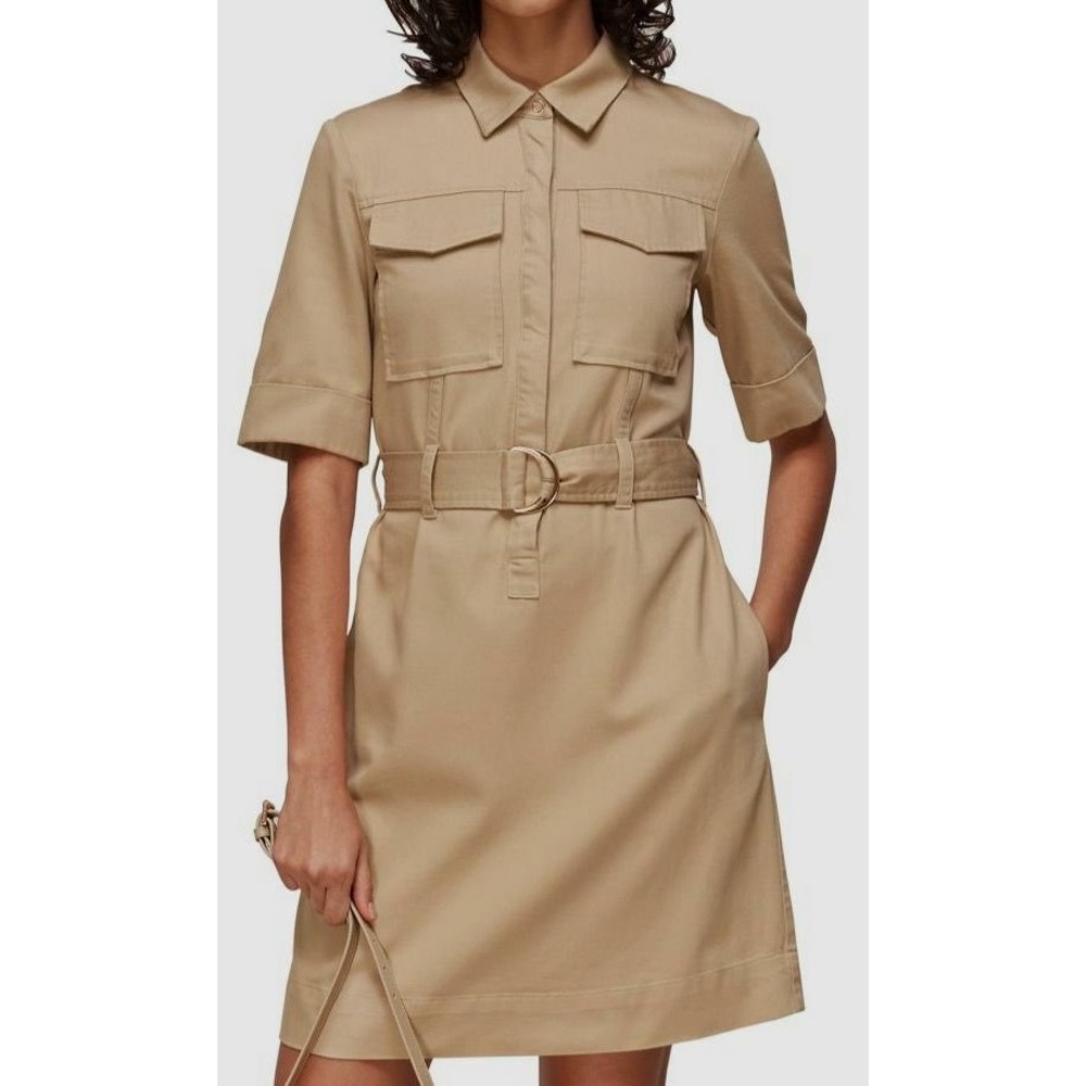 Whistles Gemma Shirt Dress Beige Khaki Cotton Lyocell Belted Mini US 6 NEW